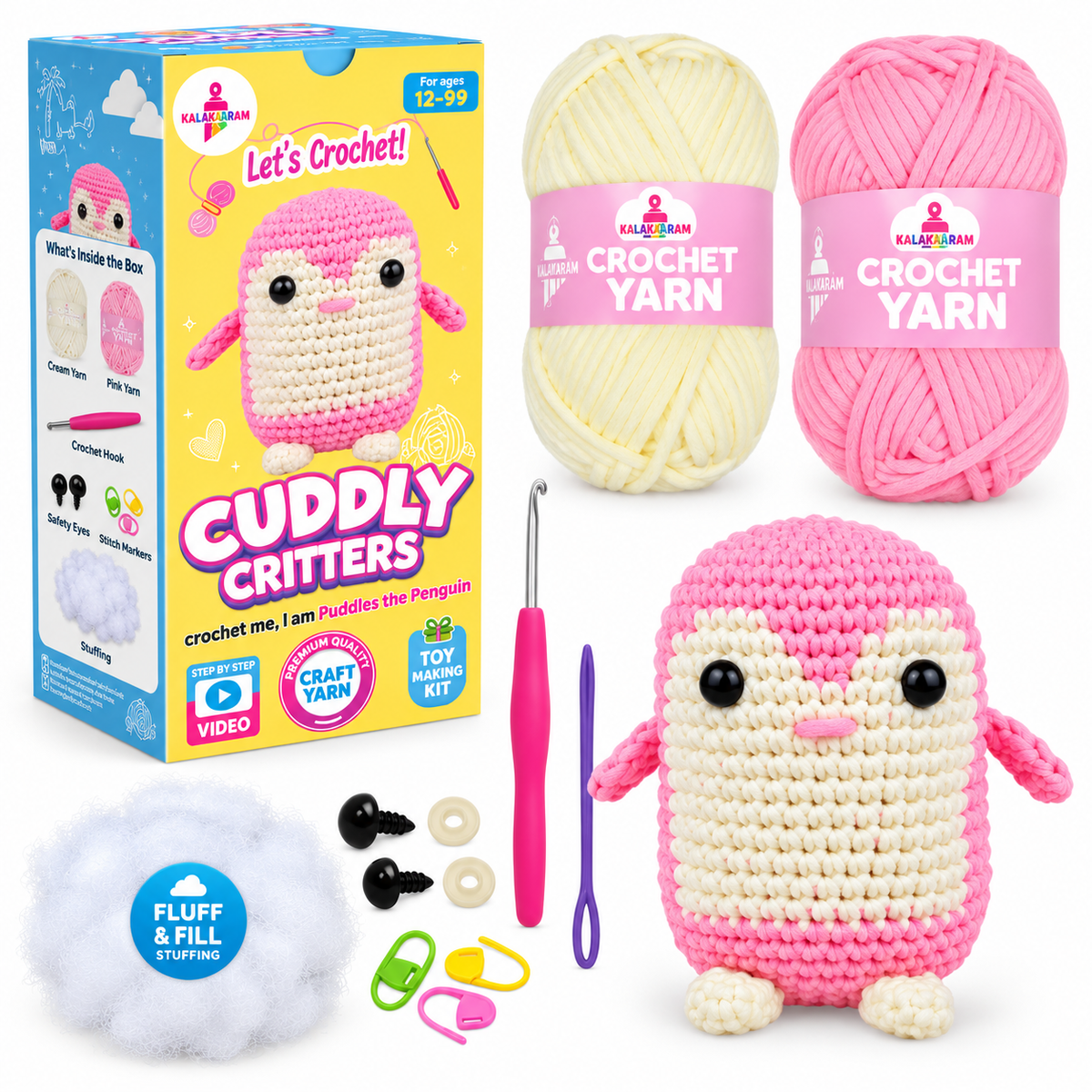Kalakaram Cuddly Critters Crochet Kit – Puddles the Penguin, 12+ Years