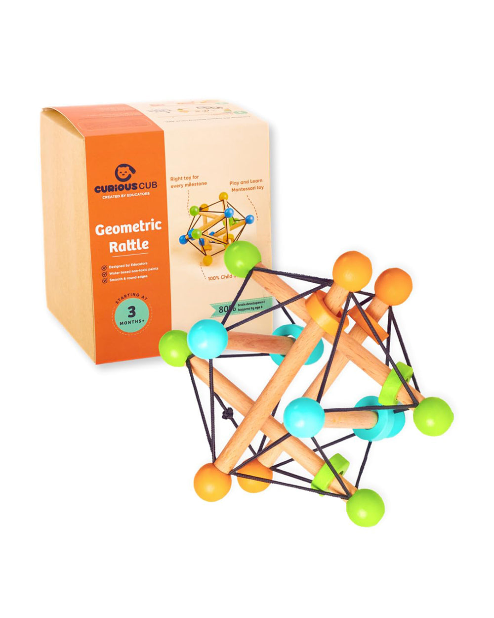 Curious Cub Geometric Wooden Rattle Toy-Builds Hand Eye Coordination