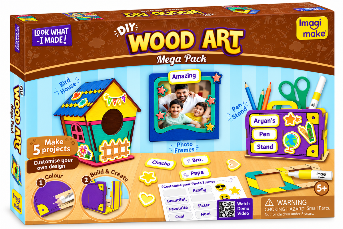 Imagimake DIY Wood Art Mega Pack – 5 Creative Projects, Paint & Decorate Wooden Craft Kit for Kids, 5+ Years