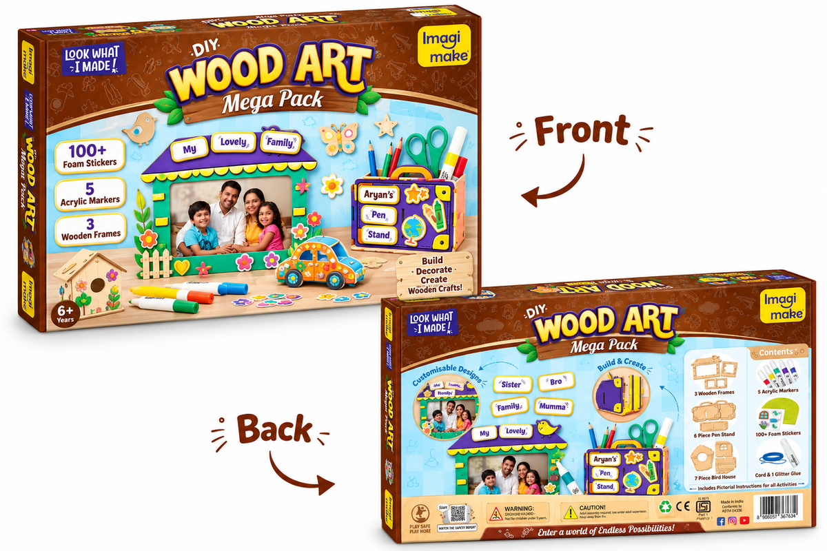 Imagimake DIY Wood Art Mega Pack – 5 Creative Projects, Paint & Decorate Wooden Craft Kit for Kids, 5+ Years