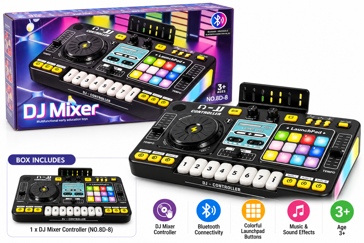 DJ Mixer Toy with Bluetooth Connectivity, Music Keyboard & Light-Up Launchpad for Kids 3+ Years