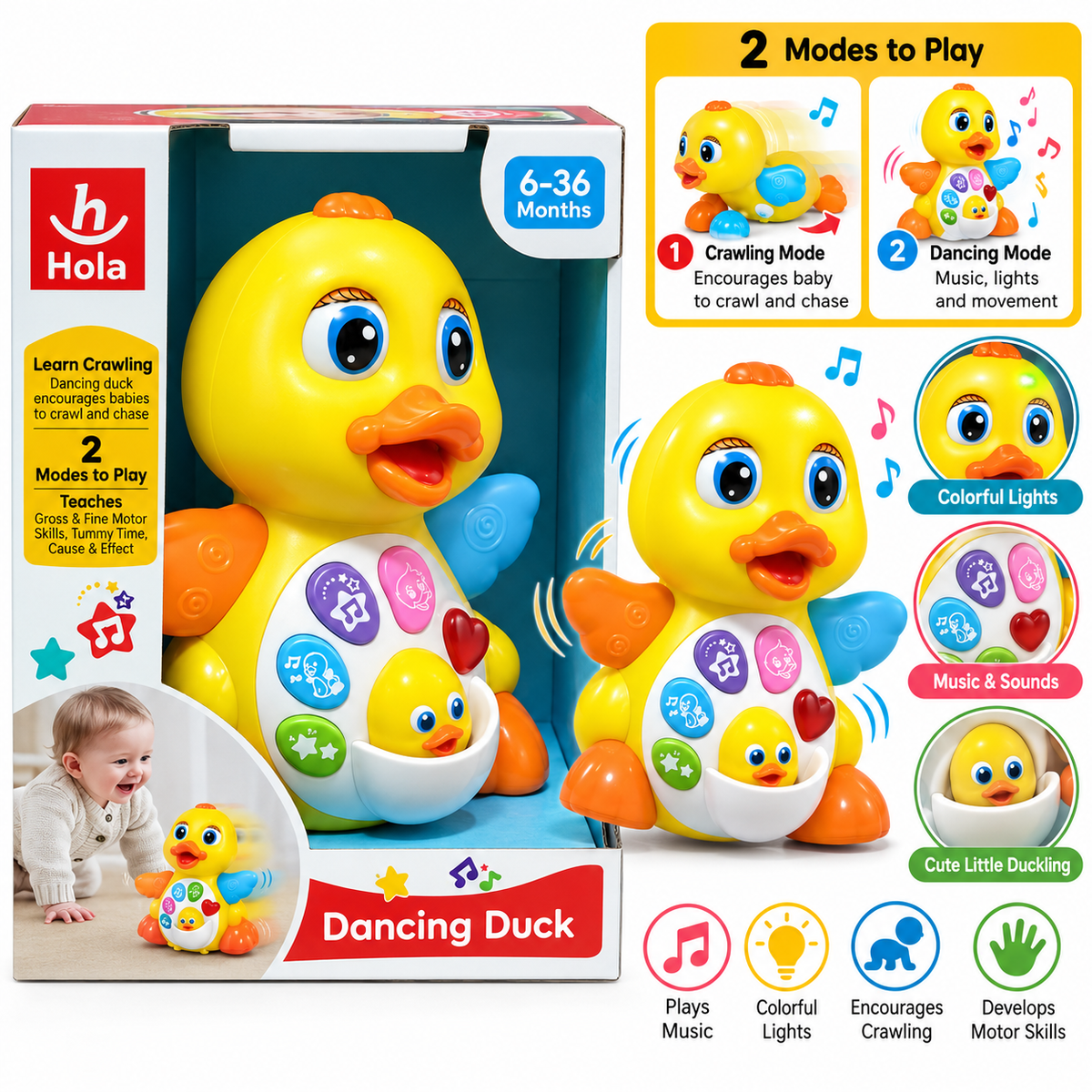 Hola Dancing Duck Musical Crawling Toy for Babies Ages 6-36 Months | Interactive Learning Duck with Music, Lights & 2 Play Modes