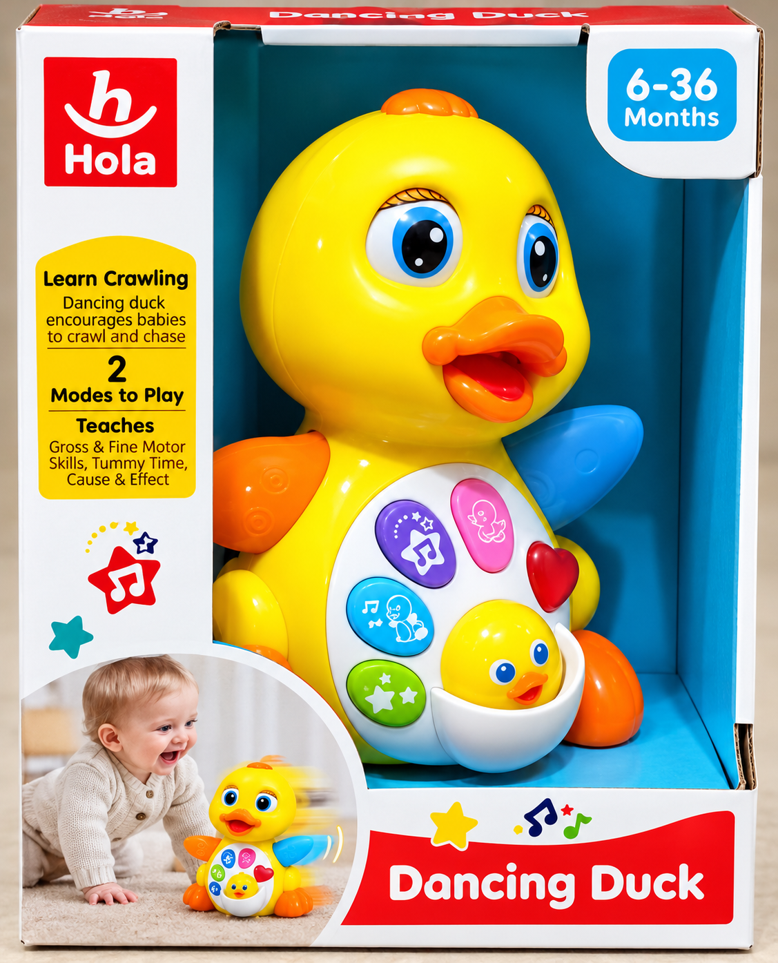 Hola Dancing Duck Musical Crawling Toy for Babies Ages 6-36 Months | Interactive Learning Duck with Music, Lights & 2 Play Modes