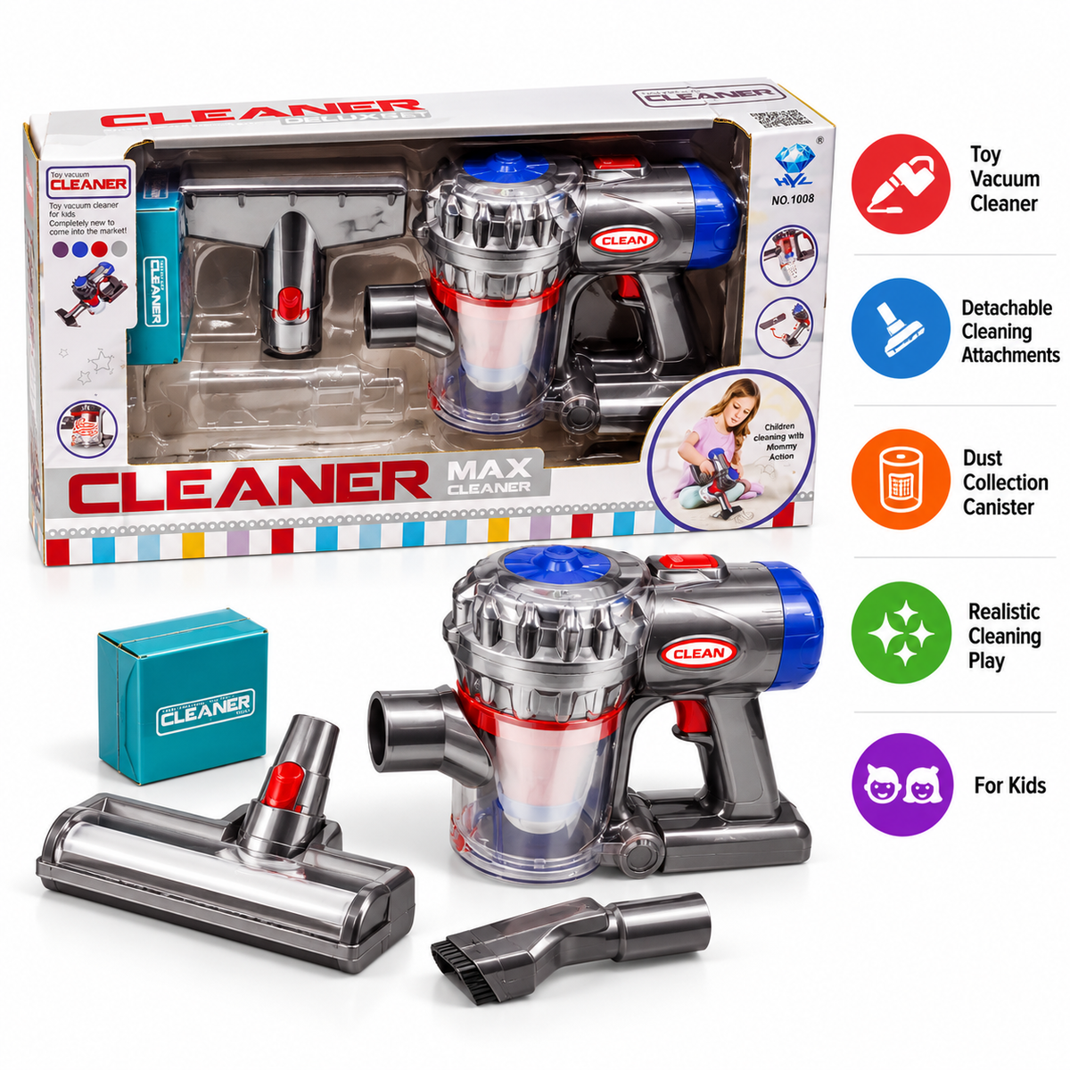HYZ Cleaner Max Deluxe Toy Vacuum Cleaner for Kids, Interactive Pretend Play Cleaning Set