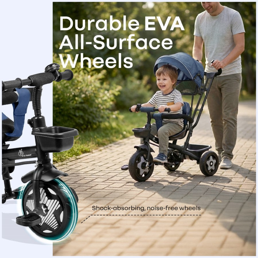 R For Rabbit Tiny Toes R40 Ace 360° Rotatable Seat Baby Tricycle with Parent Control Handle, Adjustable Canopy & EVA Wheels Denim Blue