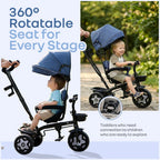 R For Rabbit Tiny Toes R40 Ace 360° Rotatable Seat Baby Tricycle with Parent Control Handle, Adjustable Canopy & EVA Wheels Denim Blue