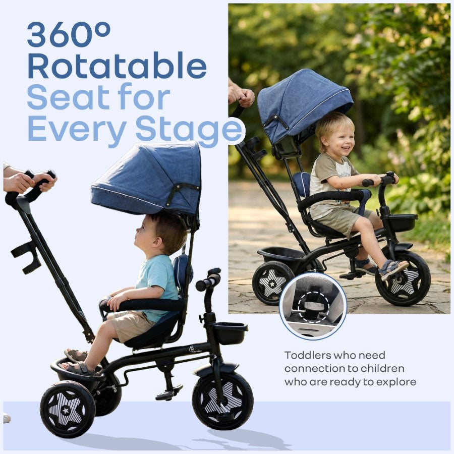 R For Rabbit Tiny Toes R40 Ace 360° Rotatable Seat Baby Tricycle with Parent Control Handle, Adjustable Canopy & EVA Wheels Denim Blue