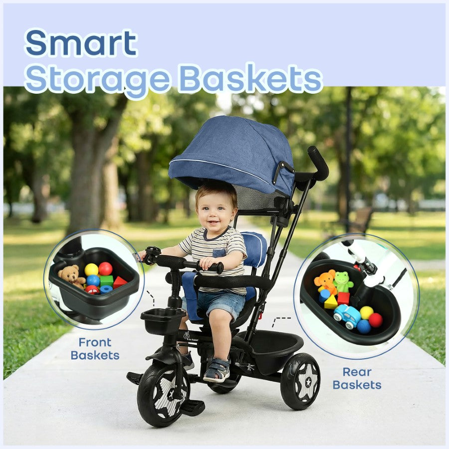 R For Rabbit Tiny Toes R40 Ace 360° Rotatable Seat Baby Tricycle with Parent Control Handle, Adjustable Canopy & EVA Wheels Denim Blue