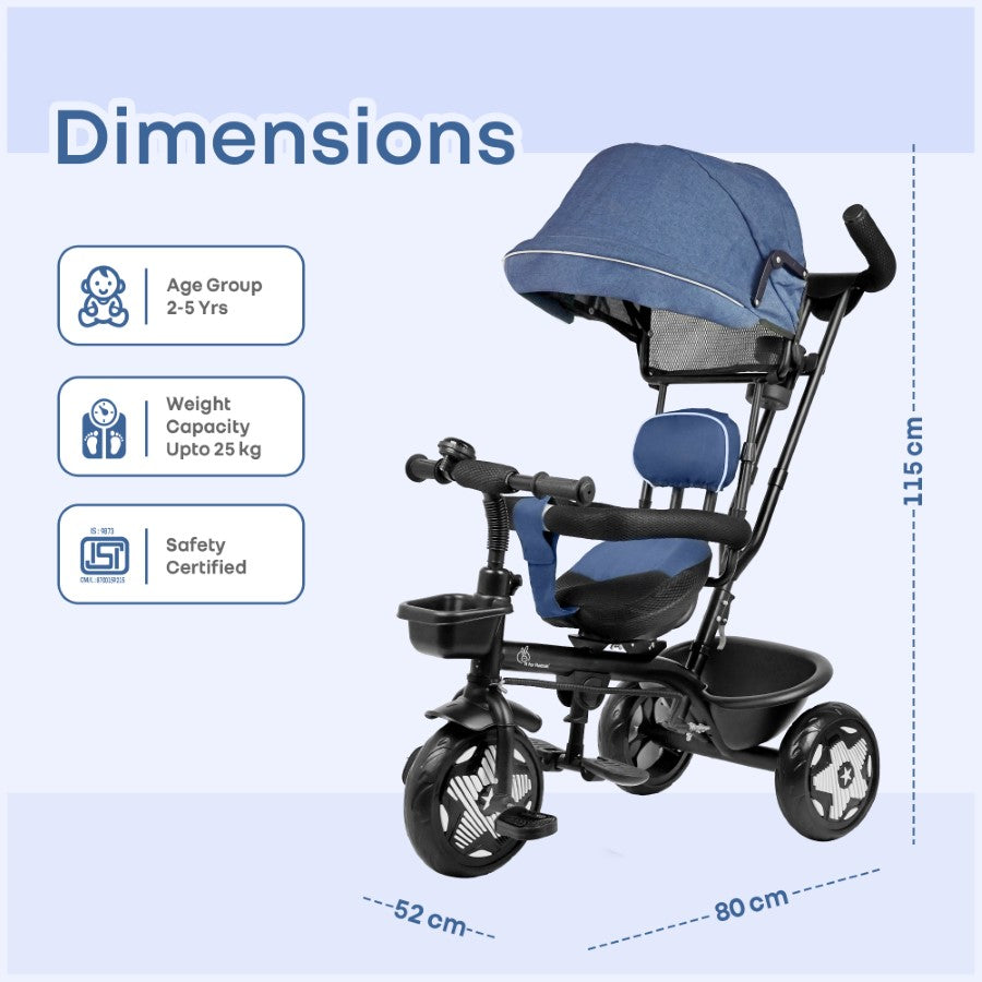 R For Rabbit Tiny Toes R40 Ace 360° Rotatable Seat Baby Tricycle with Parent Control Handle, Adjustable Canopy & EVA Wheels Denim Blue