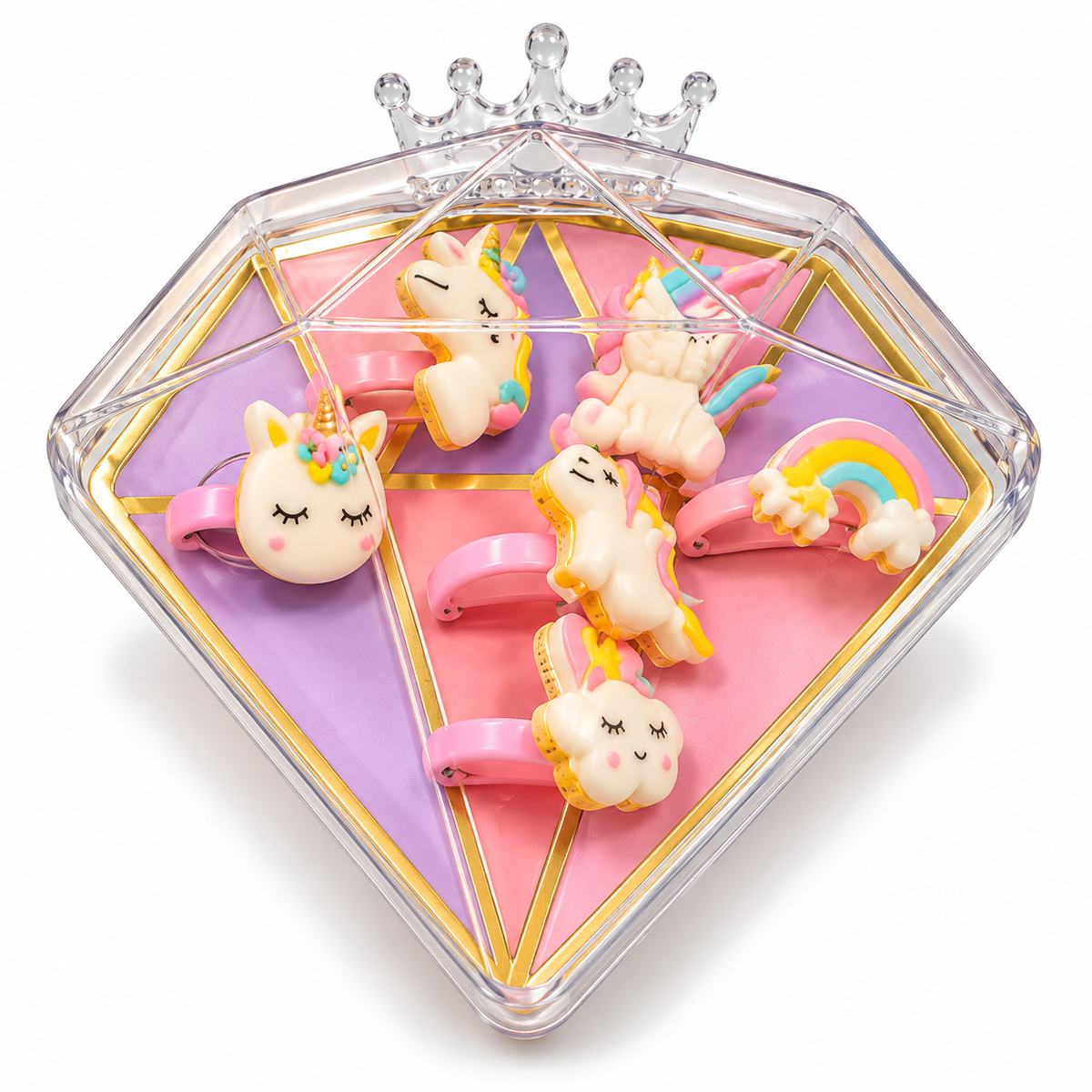 Cute Unicorn Hair Accessories Set | Pastel Rainbow Hair Ties for Girls with Diamond-Shaped Gift Box 6 Rings
