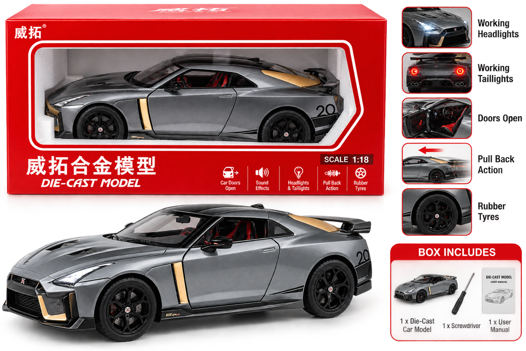 1:18 Scale Die-Cast Sports Car Model Toy with Opening Doors – Grey