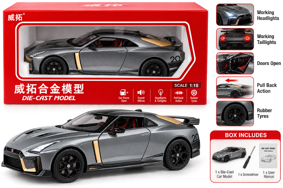 1:18 Scale Die-Cast Sports Car Model Toy with Opening Doors – Grey