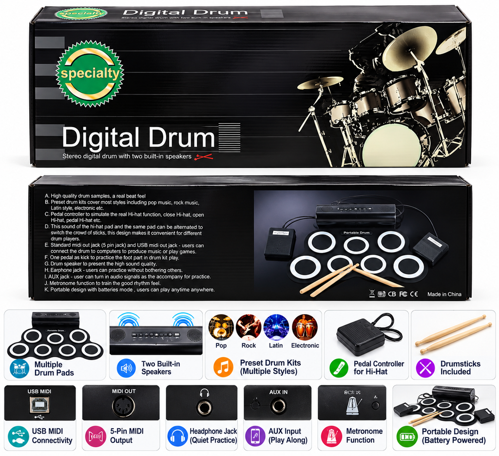 Electronic Digital Drum Set | Portable 7-Pad Drum Kit with Drumsticks, Foot Pedals & Built-In Speakers