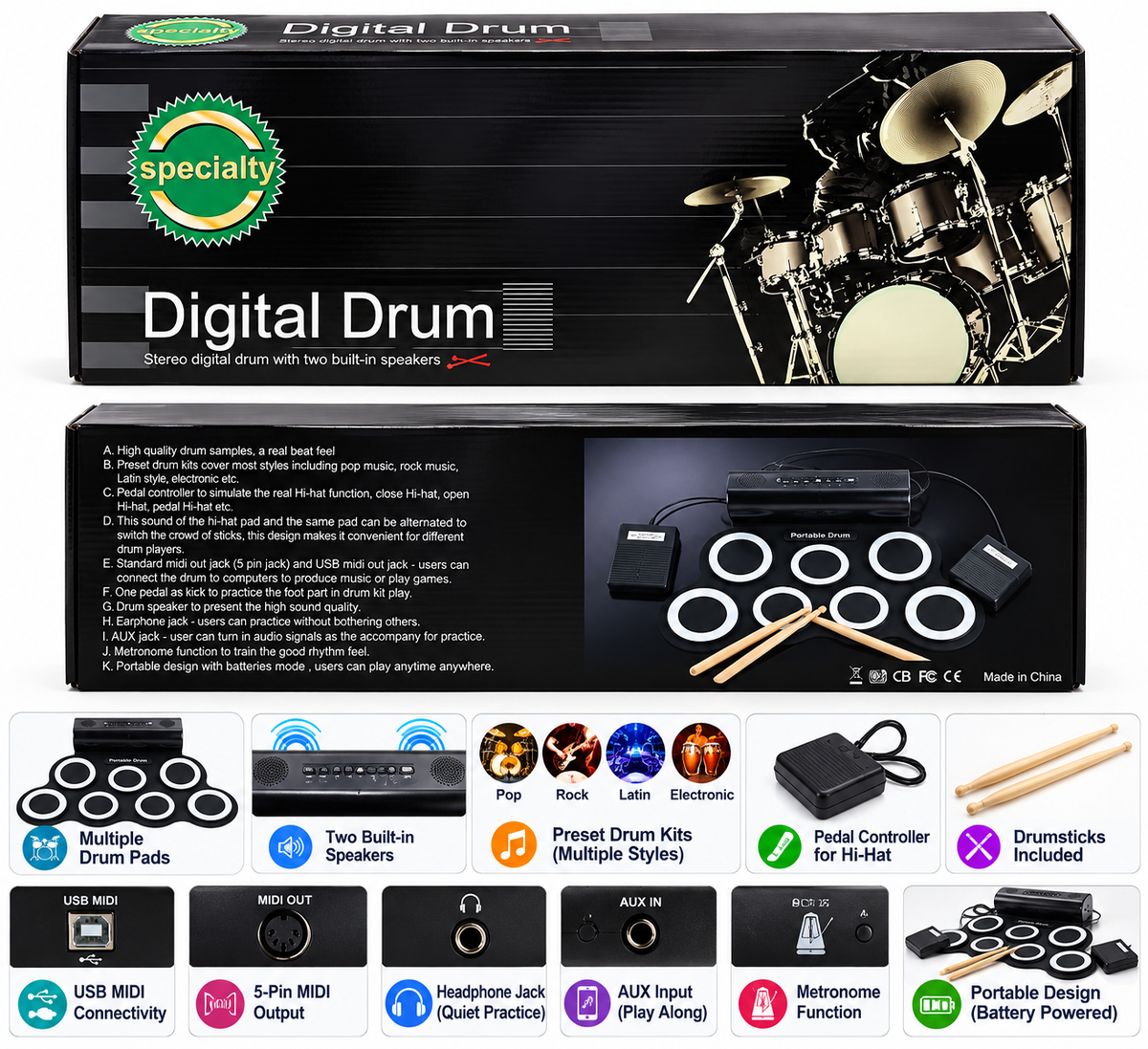 Electronic Digital Drum Set | Portable 7-Pad Drum Kit with Drumsticks, Foot Pedals & Built-In Speakers