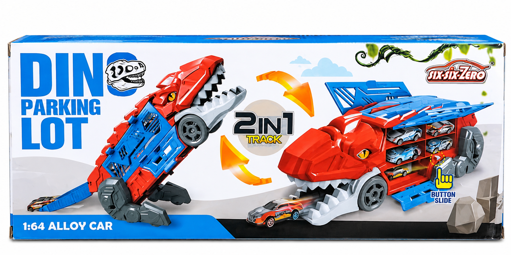 Six Six Zero Dino Parking Lot 2-in-1 Transforming Dinosaur Track Playset | T-Rex Car Storage & Racing Launcher with 1:64 Scale Alloy Cars for Kids