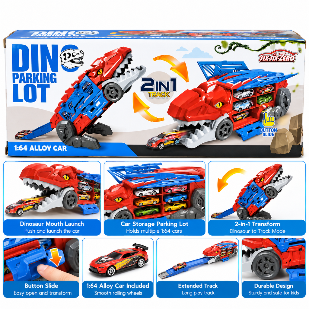 Six Six Zero Dino Parking Lot 2-in-1 Transforming Dinosaur Track Playset | T-Rex Car Storage & Racing Launcher with 1:64 Scale Alloy Cars for Kids