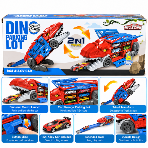 Six Six Zero Dino Parking Lot 2-in-1 Transforming Dinosaur Track Playset | T-Rex Car Storage & Racing Launcher with 1:64 Scale Alloy Cars for Kids