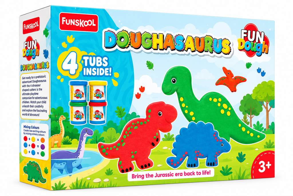 Funskool Fun Dough Doughasaurus Dinosaur Play Set | 4 Colourful Dough Tubs | Creative Modelling Kit for Kids Ages 3+