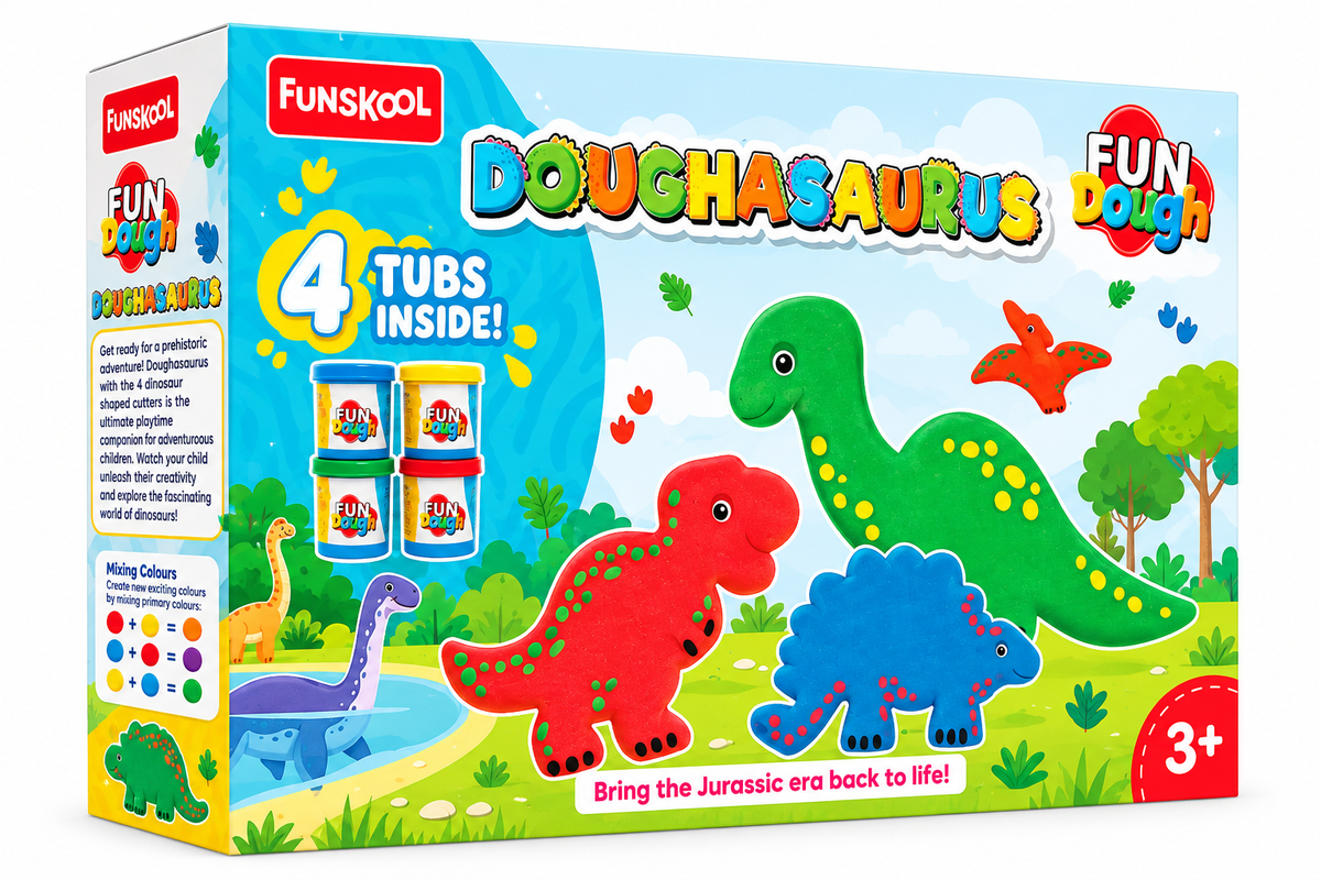 Funskool Fun Dough Doughasaurus Dinosaur Play Set | 4 Colourful Dough Tubs | Creative Modelling Kit for Kids Ages 3+