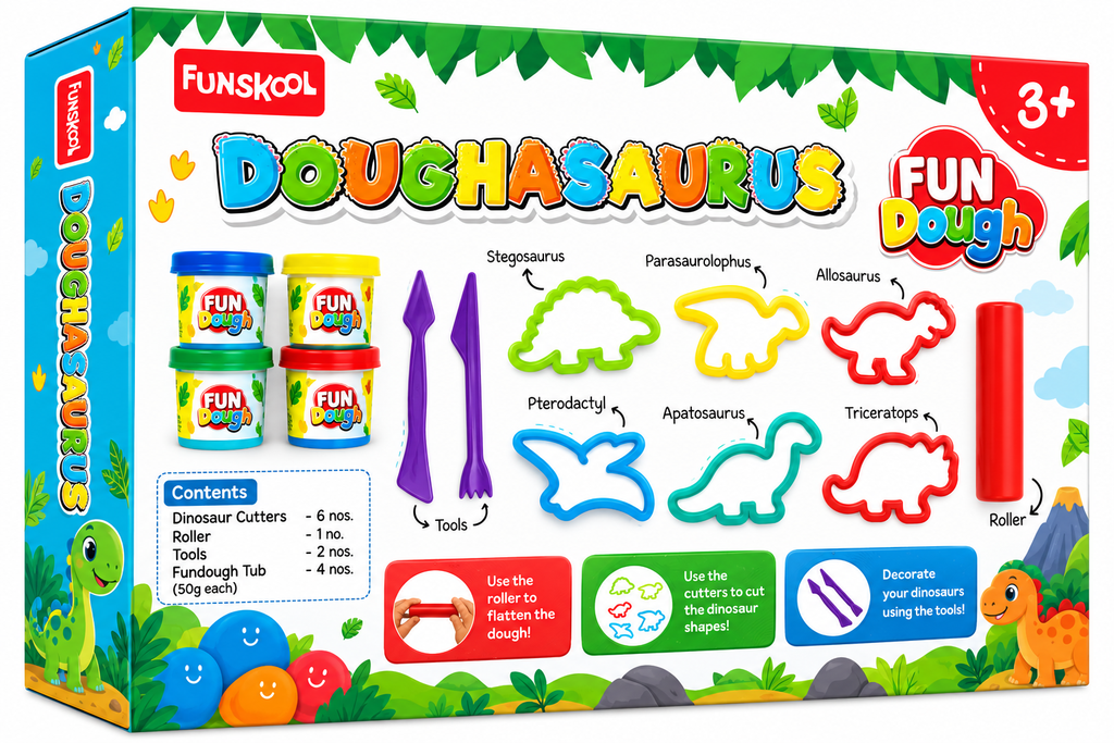 Funskool Fun Dough Doughasaurus Dinosaur Play Set | 4 Colourful Dough Tubs | Creative Modelling Kit for Kids Ages 3+