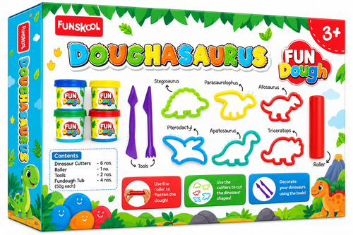 Funskool Fun Dough Doughasaurus Dinosaur Play Set | 4 Colourful Dough Tubs | Creative Modelling Kit for Kids Ages 3+