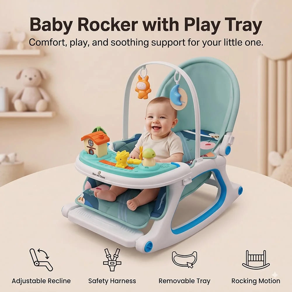 StarAndDaisy Dreamy Baby Rocker Chair with Toy Bar, Play Tray & Mosquito Net – 0–36 Months