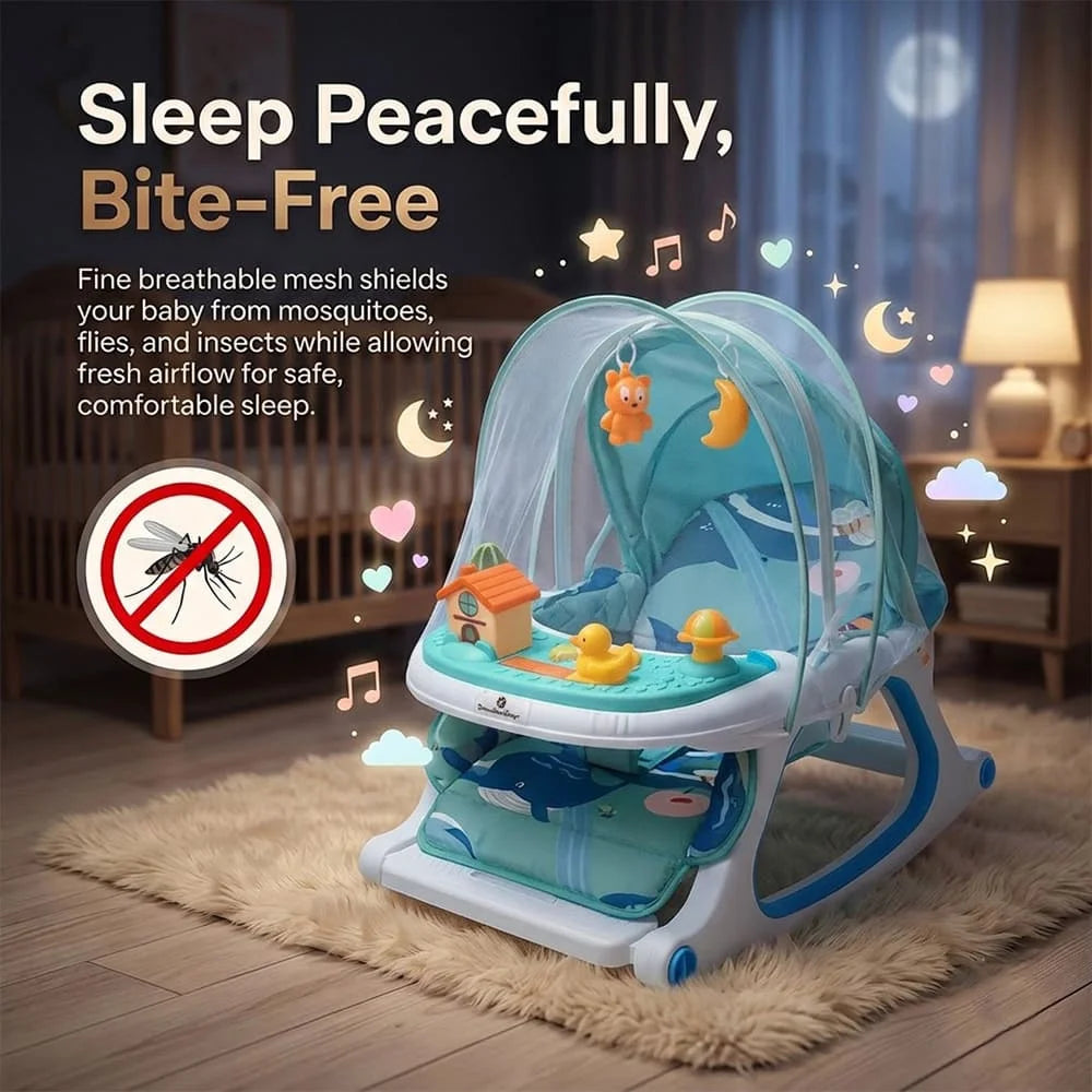 StarAndDaisy Dreamy Baby Rocker Chair with Toy Bar, Play Tray & Mosquito Net – 0–36 Months