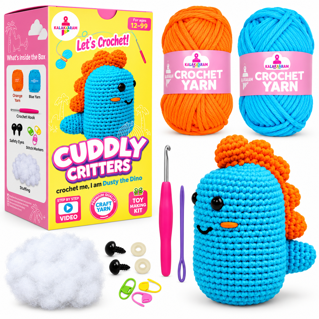 Kalakaram Cuddly Critters Crochet Kit – Dusty the Dino, 12+ Years