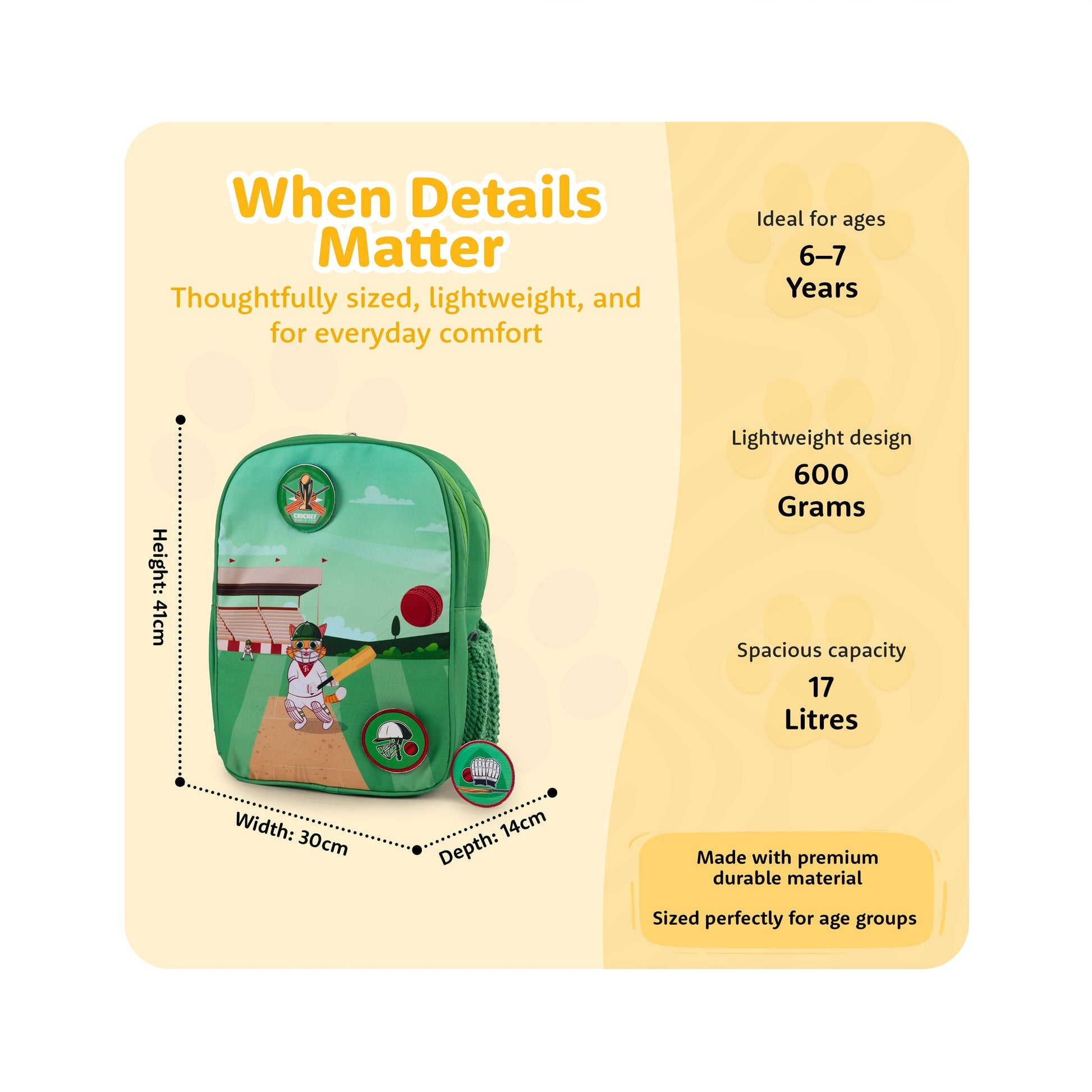 Filli & Me Filli Plays Cricket HugBag 17L Kids School Backpack for Ages 6–7 Years Lightweight School & Travel Bag