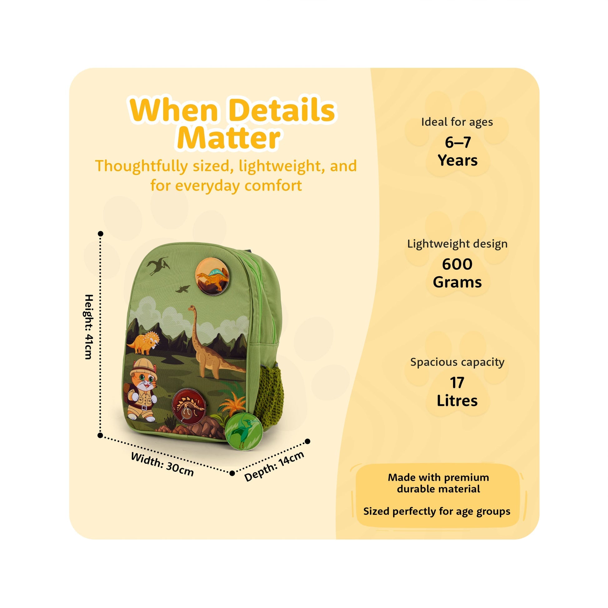 Filli & Me Filli Meets Dinosaurs HugBag 17L Kids School Backpack for Ages 6–7 Years Lightweight School & Travel Bag