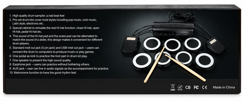 Electronic Digital Drum Set | Portable 7-Pad Drum Kit with Drumsticks, Foot Pedals & Built-In Speakers
