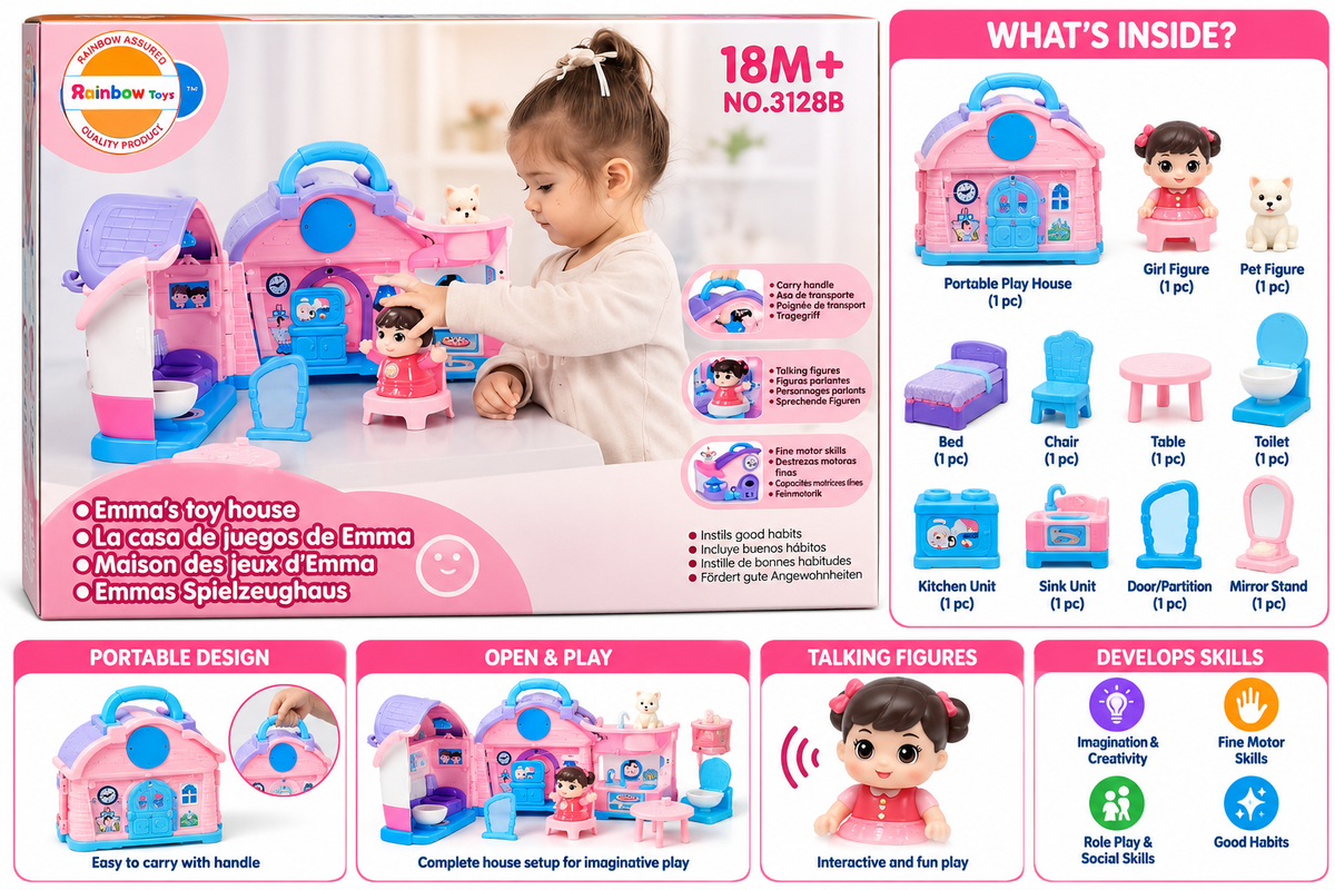 Hola Emma’s Portable Toy House Playset | Talking Figure & Pretend Play Set with Carry Handle | 18M+