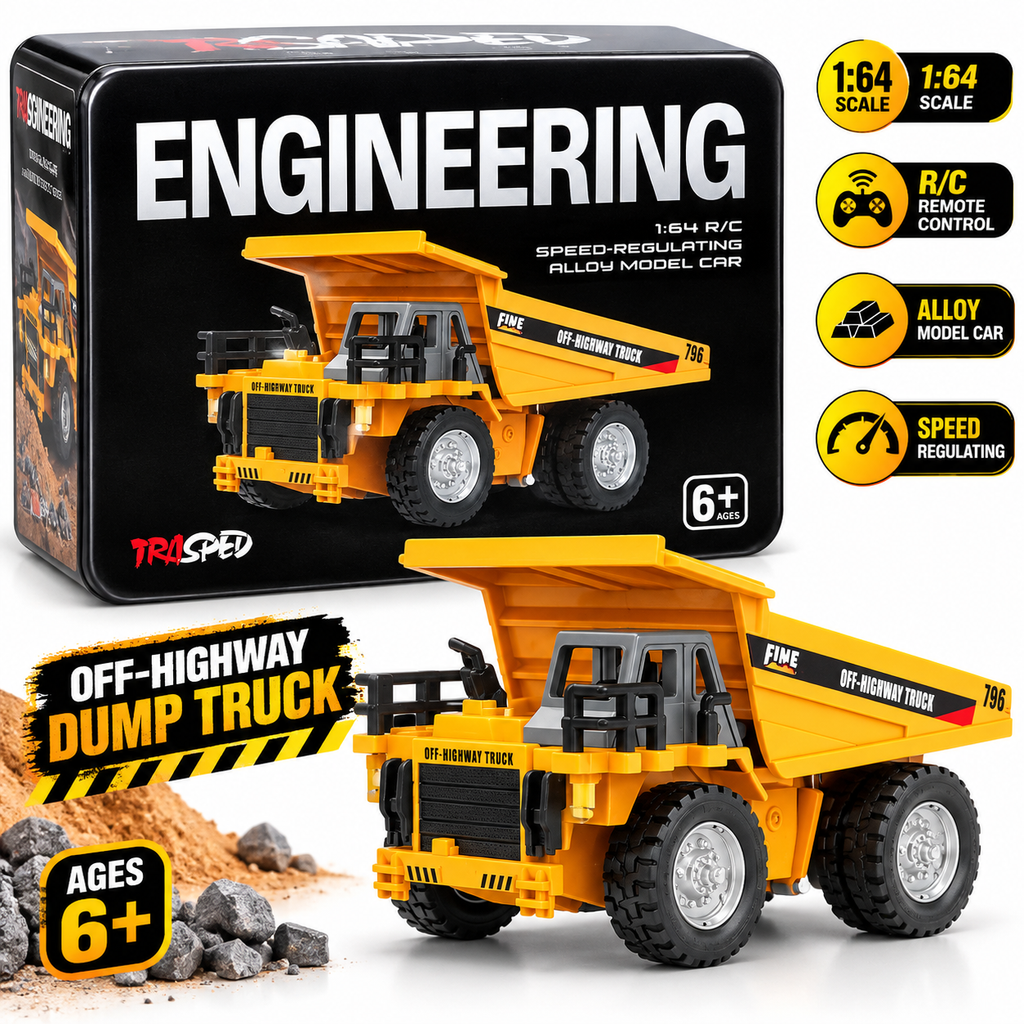 Engineering 1:64 Scale RC Alloy Dump Truck for Kids | Speed-Regulating Remote Control Construction Vehicle