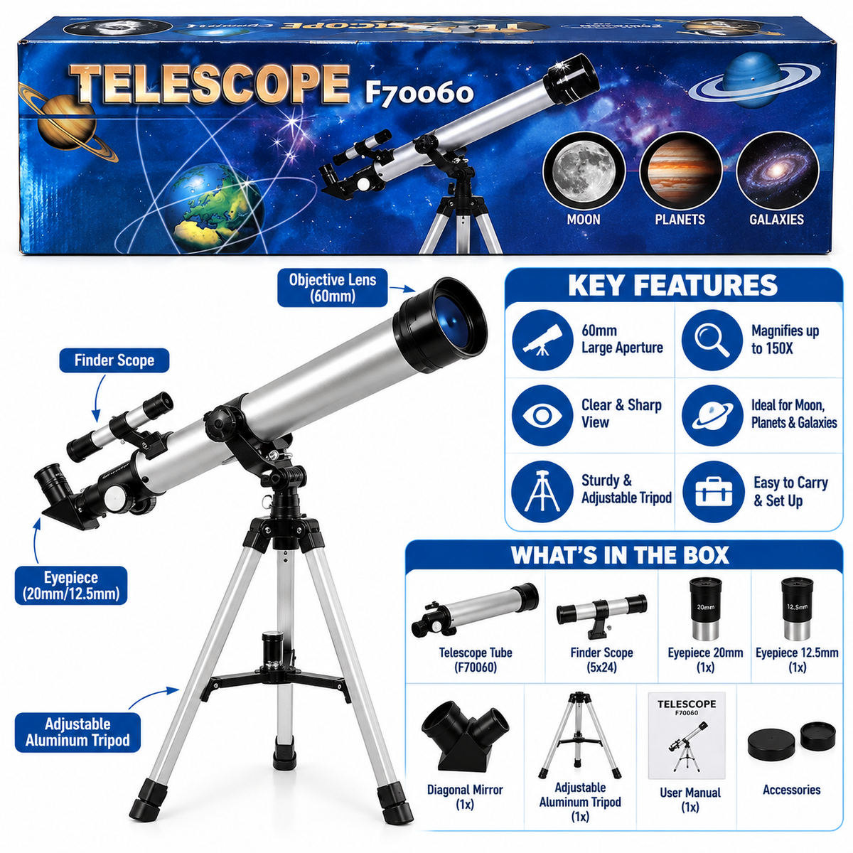 F70060 Astronomical Refractor Telescope 700mm Focal Length with 60mm Aperture & 113cm Adjustable Tripod