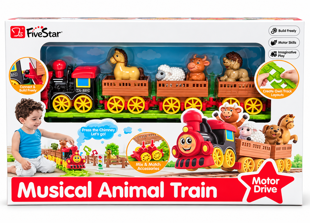 FiveStar Musical Animal Train Toy with Motor Drive, Animal Figures, Detachable Coaches & Build-Your-Own Track