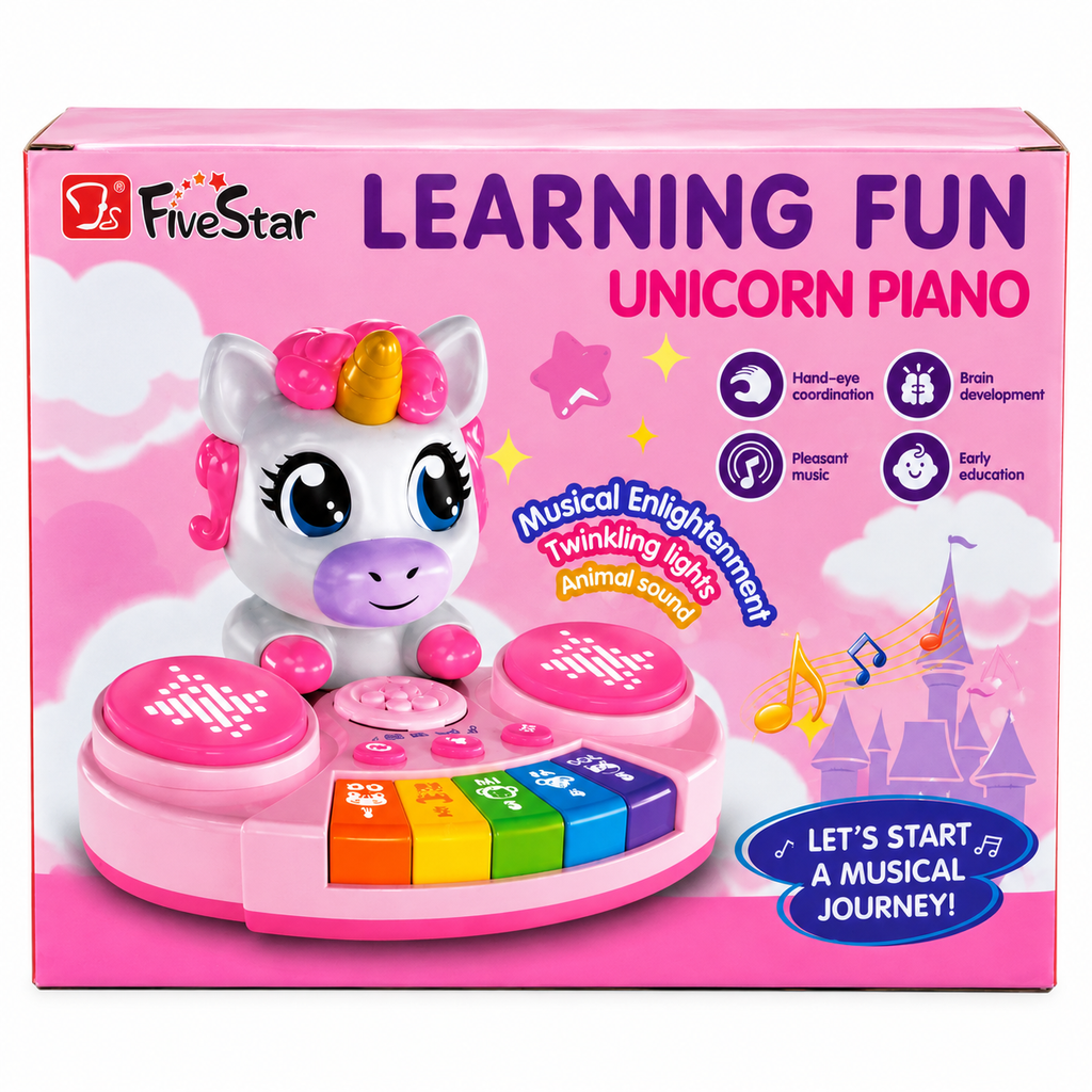 Five Star Learning Fun Unicorn Piano Musical Toy | Interactive Pink Unicorn Keyboard with Drum Pads, Music & Colourful Piano Keys for Kids Ages 18 Months+
