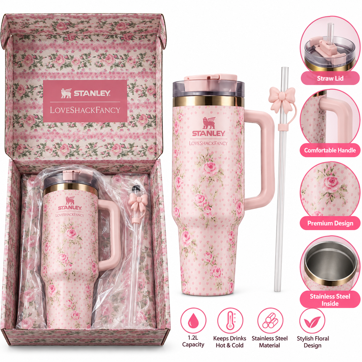 Stanley Love Shack Fancy Floral Print Insulated Tumbler with Handle & Straw | Pink Rose Design Stainless Steel Travel Cup
