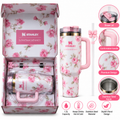Stanley LoveShackFancy Pink Rose Floral Insulated Tumbler with Handle & Straw | Elegant White & Pink Flower Print Travel Cup with Gift Box
