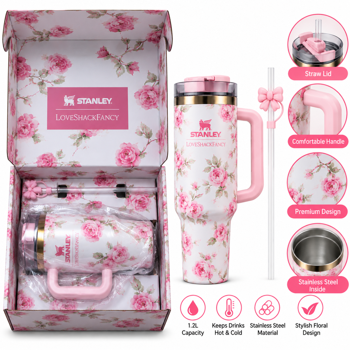 Stanley LoveShackFancy Pink Rose Floral Insulated Tumbler with Handle & Straw | Elegant White & Pink Flower Print Travel Cup with Gift Box
