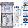 Stanley LoveShackFancy Blue Bow & Pink Rose Floral Insulated Tumbler 1.2L | Stainless Steel Travel Cup with Handle, Straw & Gift Box