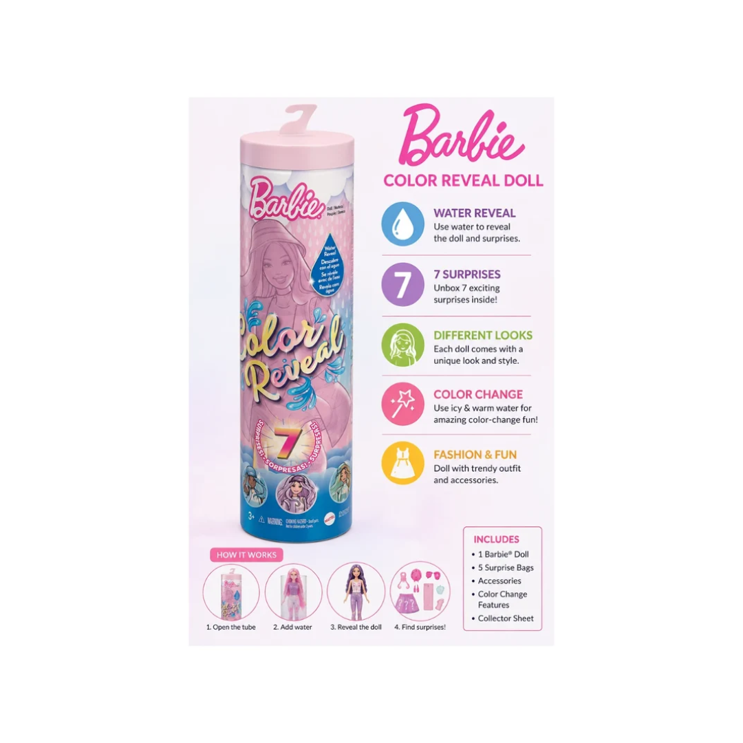 Barbie Color Reveal Doll with 7 Surprises – Water Reveal Mystery Doll | 3+ Years