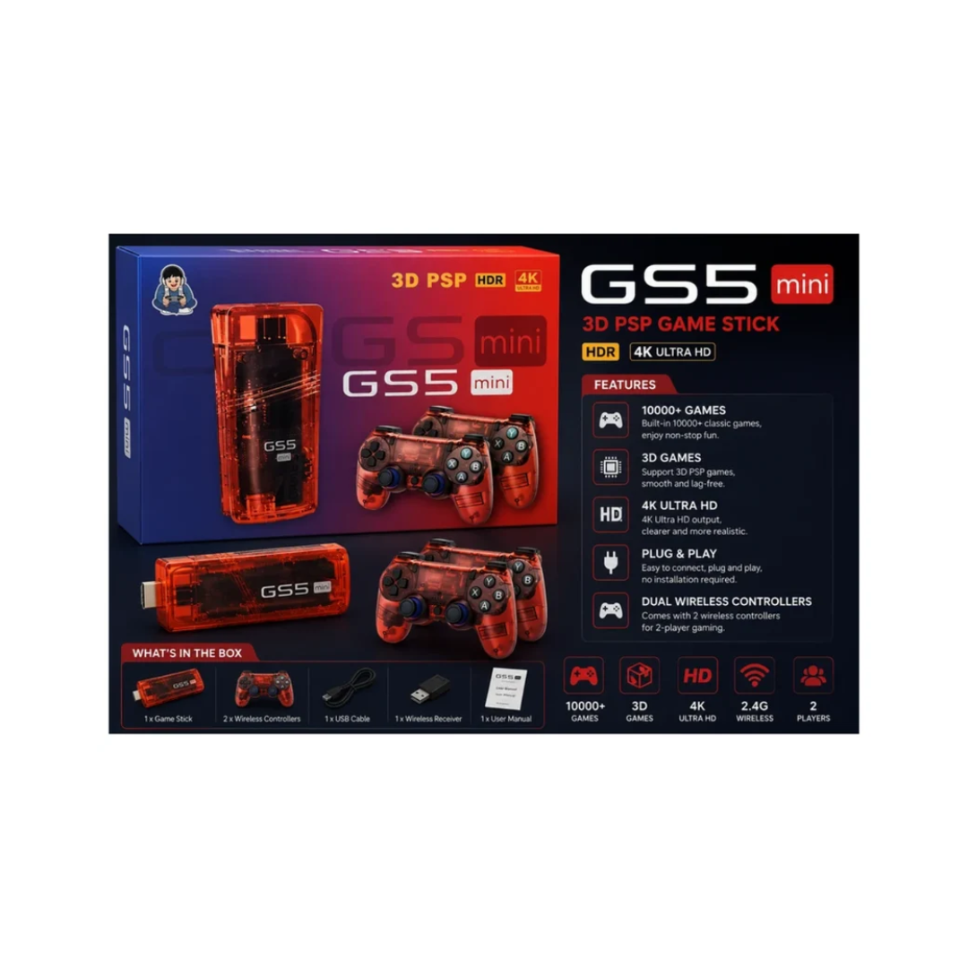 GS5 Mini 4K Ultra HD Game Stick Console with Dual Wireless Controllers – 3D PSP & HDR Support