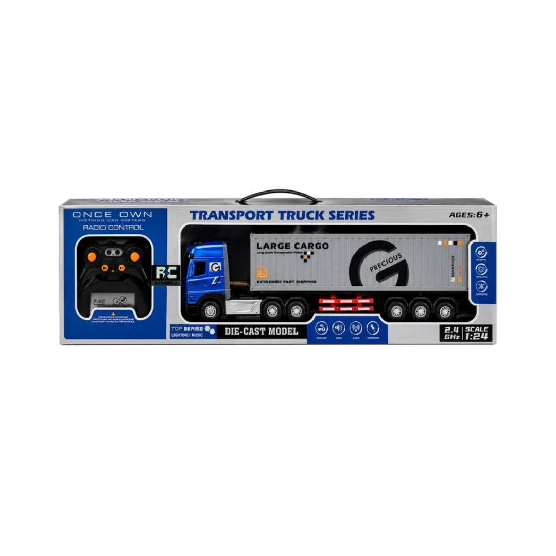 1:24 Scale Remote Control Large Cargo Container Truck – 2.4GHz 9-Channel RC Transport Truck with Lights & Music