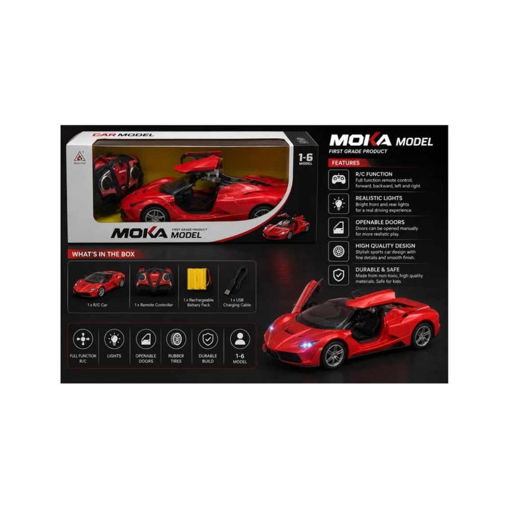 MOKA Model 1:6 Scale Remote Control Super Sports Car with Opening Doors & Lights – Red