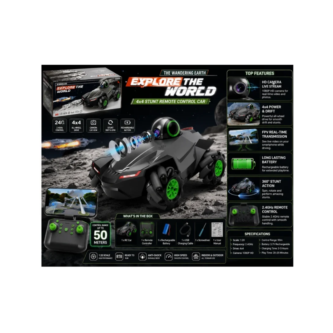 4×4 RC Stunt Car with 1080P HD Camera, 2.4GHz Remote Control & Mecanum Wheels – 1:20 Scale