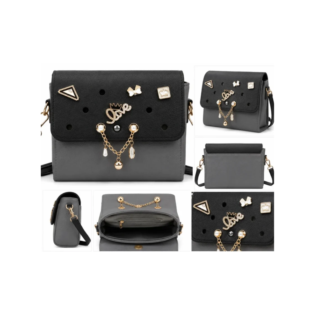 Stylish Girls Crossbody Sling Bag with Gold Charms – Black & Grey