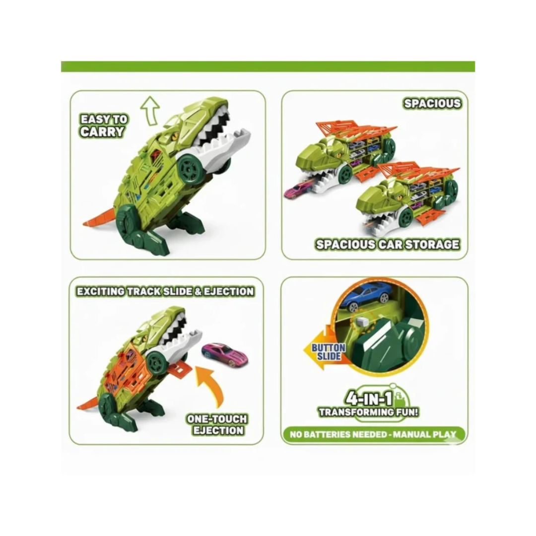 Dino Parking Lot 2-in-1 Transforming Dinosaur Car Carrier Truck Playset with Alloy Cars