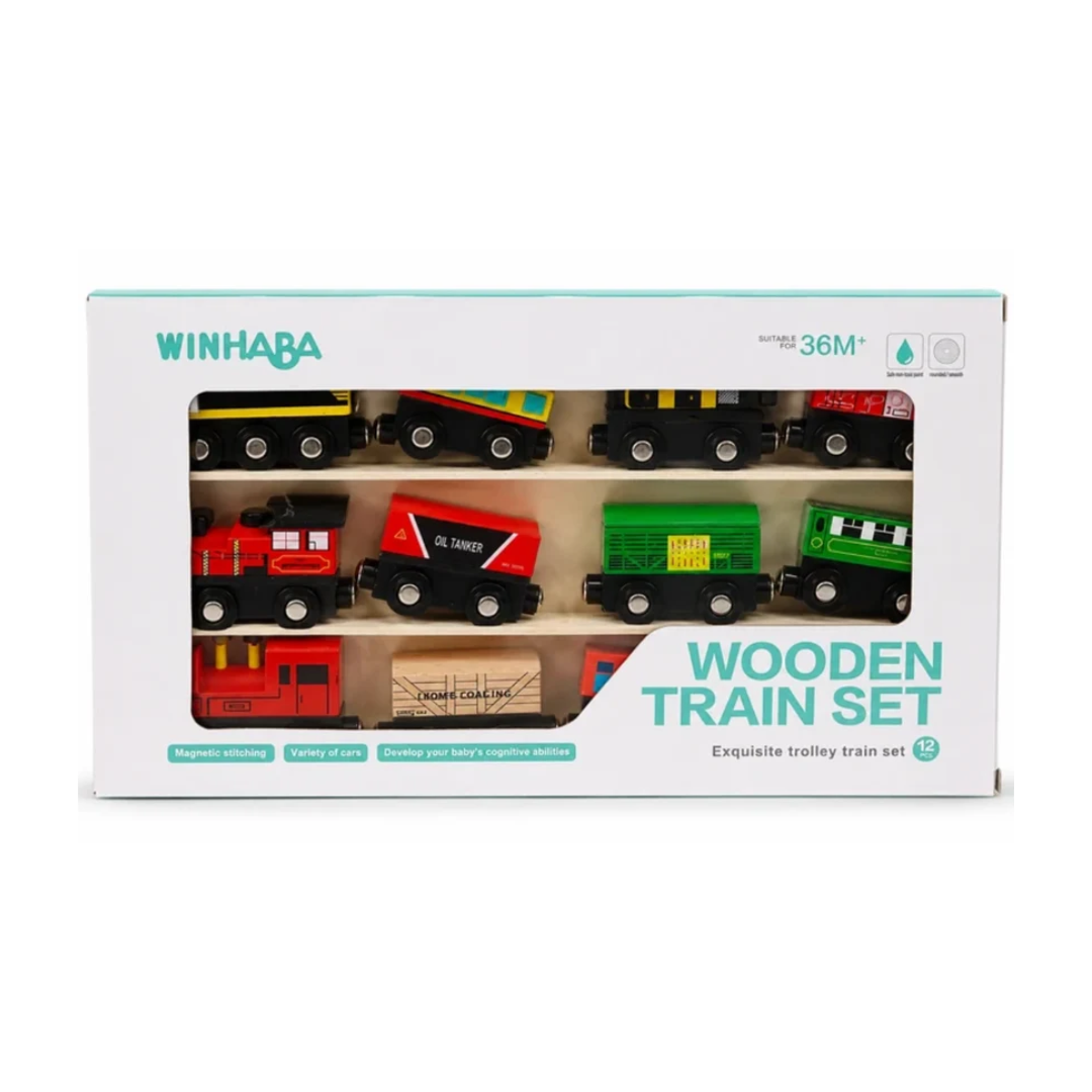 WINHABA Wooden Train Set - 12 Piece Educational Toy for Toddlers