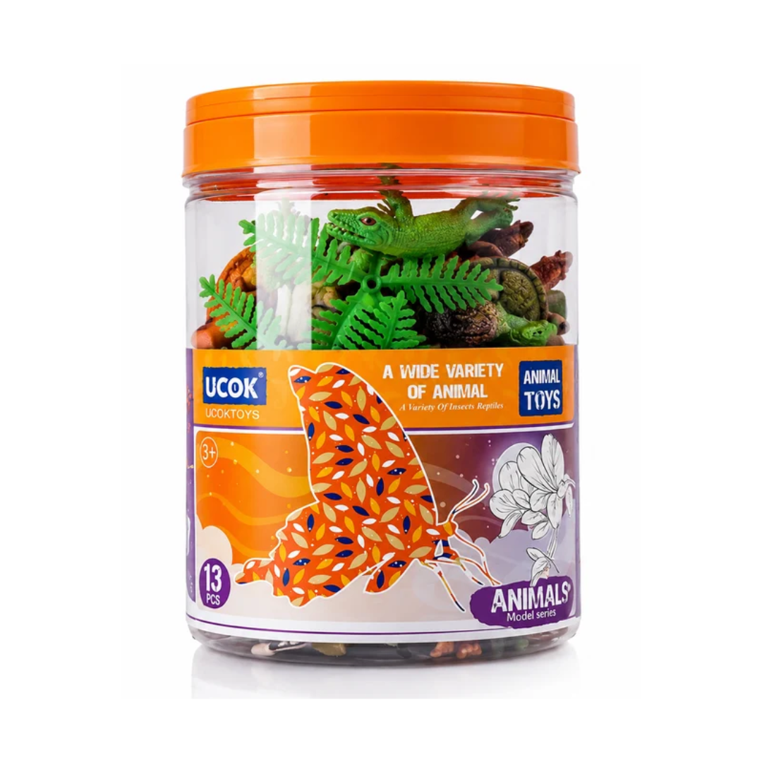 Ucok 13-Piece Animal & Reptile Figure Set with Transparent Storage Jar