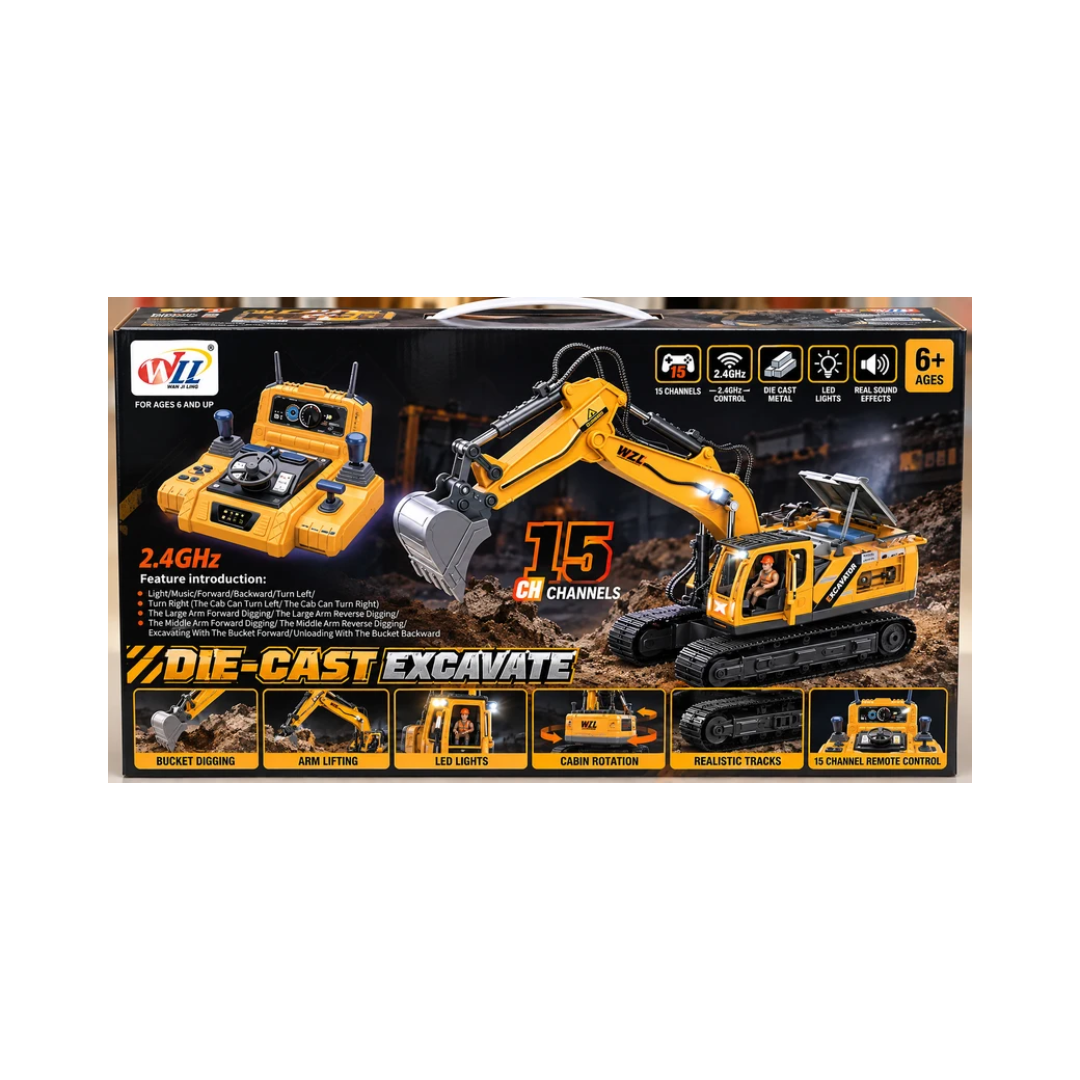 WL 15 Channel 2.4GHz Remote Control Die-Cast Excavator with Light & Sound